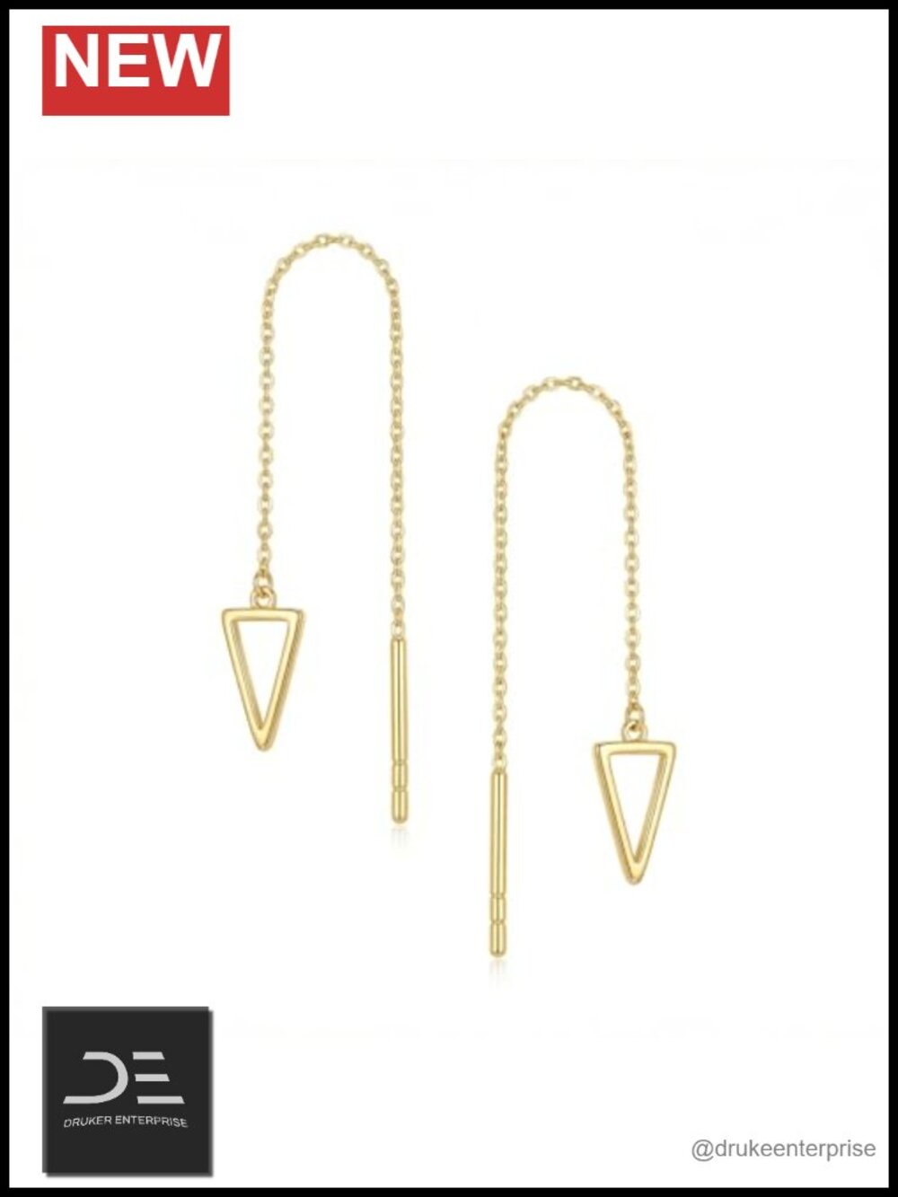 Solid 14K Gold Threader Earrings Triangle Dangle Ear Line Pull Through